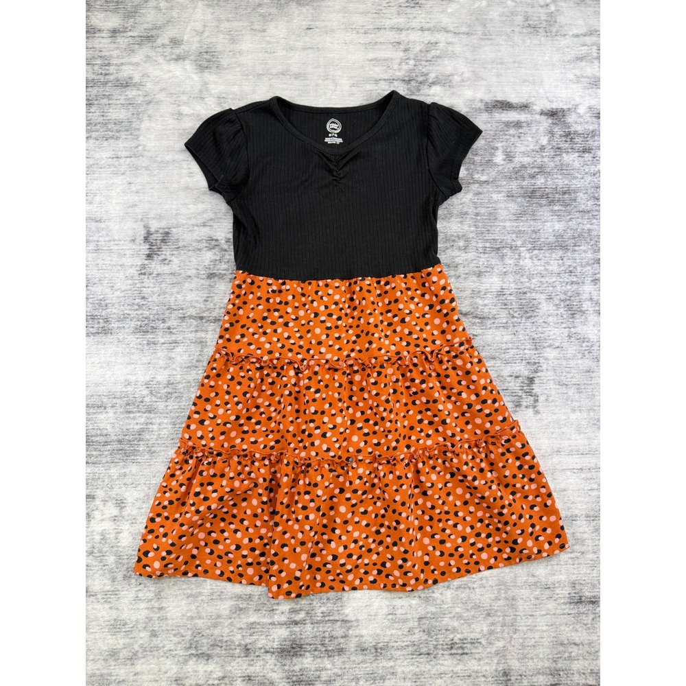 Wonder Nation Girls M 7-8 Black Orange Polka Dot Tiered Mixed Media Dress